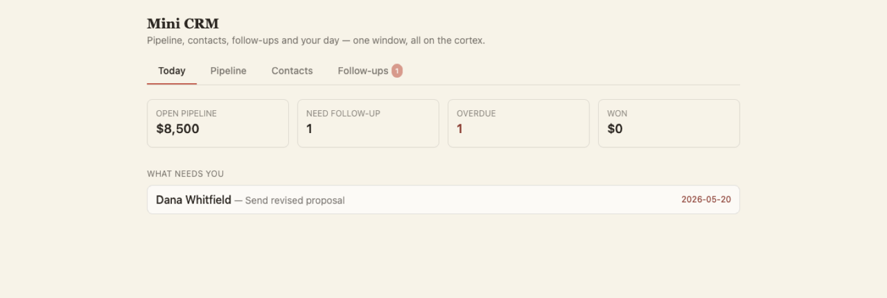 Mini-CRM Today view with open pipeline value and follow-ups