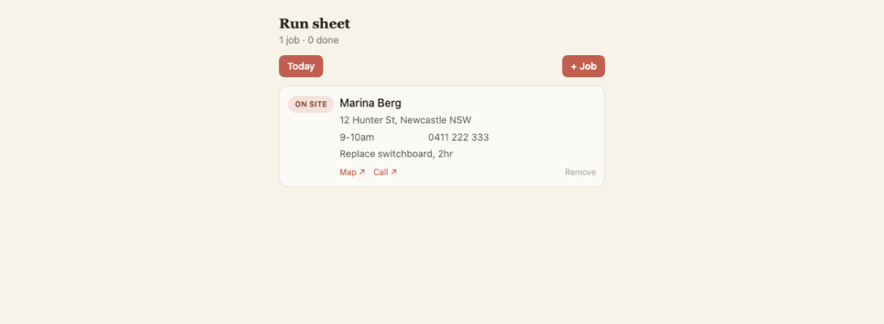 Run sheet app showing today's jobs with tap-to-call
