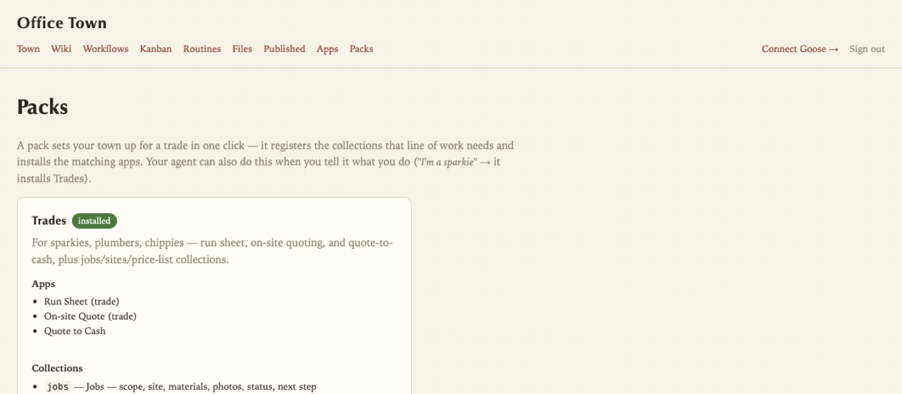 Packs page in the Office Town dashboard, one-click install